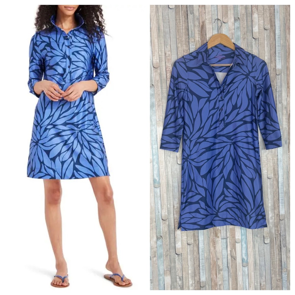 Vineyard Vines XXS Sankaty Margo Shirtdress 50+ UPF Leaf Print Mini‎ Polo Dress